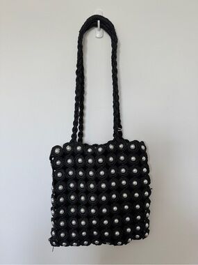 Haute Hippie Black Pearl-Studded Crochet Shoulder Bag